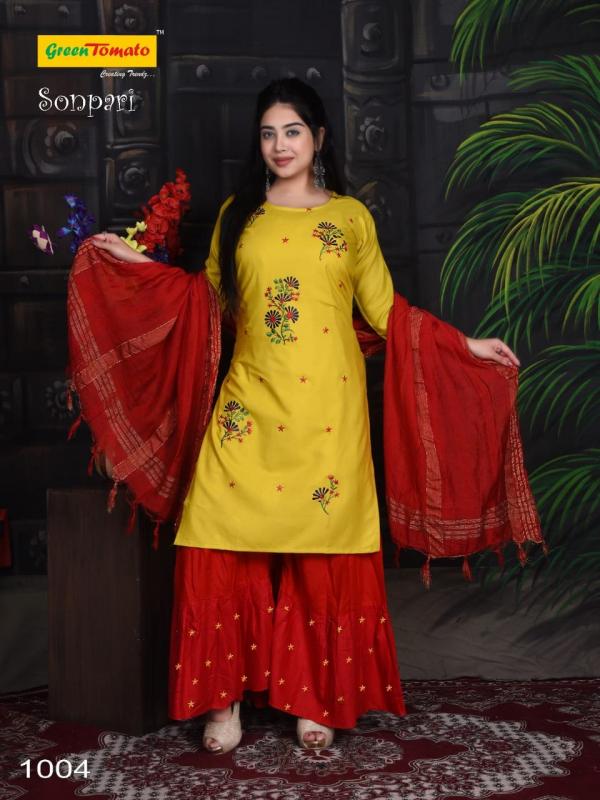 Green Tomato Sonpari Festive Wear Kurti Sharara And Dupatta 